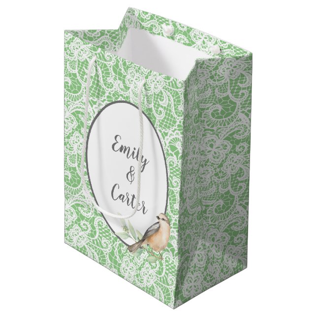 Wedding Lace on Mint Green Medium Gift Bag (Front Angled)