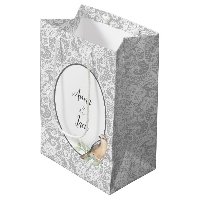 Wedding Lace on Silver Medium Gift Bag (Front Angled)