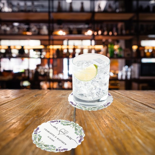 Wedding lavender eucalyptus mr mrs heart names paper coaster (Creator Uploaded)