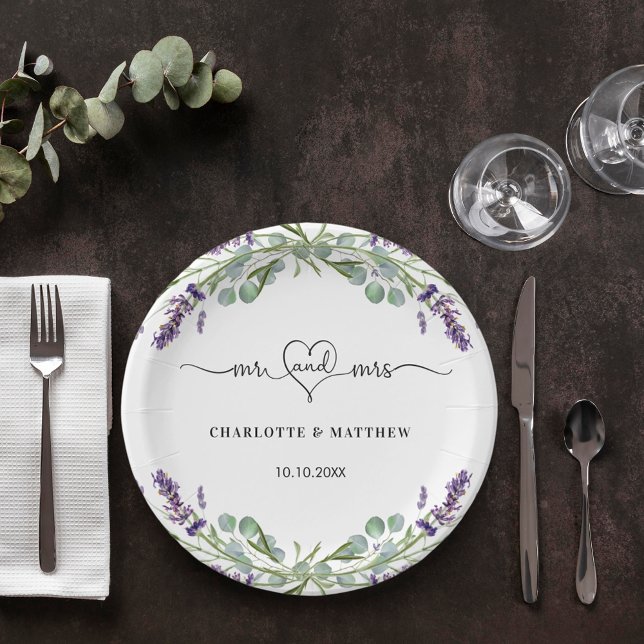 Wedding lavender eucalyptus mr mrs heart names paper plate (Creator Uploaded)