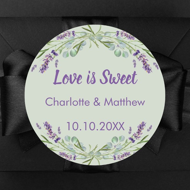 Wedding lavender eucalyptus sage Love is Sweet Classic Round Sticker (Creator Uploaded)