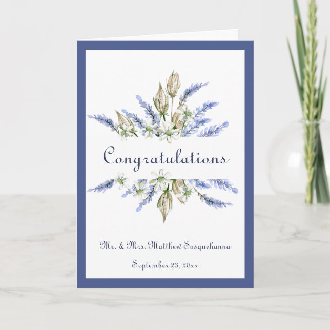Wedding Lavender Floral Name Congratulations Card (Front)