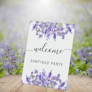 Wedding lavender name script welcome pedestal sign