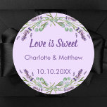 Wedding lavender violet eucalyptus Love is Sweet Classic Round Sticker<br><div class="desc">Violet background. Purple text: Love is Sweet.  Personalise and add your names and the wedding date.  Decorated with watercolored lavender flowers and eucalyptus greenery.

For sweet guest favours like chocolate,  cookies.</div>