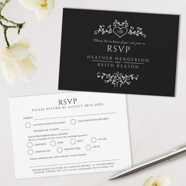 Wedding leaf art monogram black white meal wedding RSVP card (Creator Uploaded)