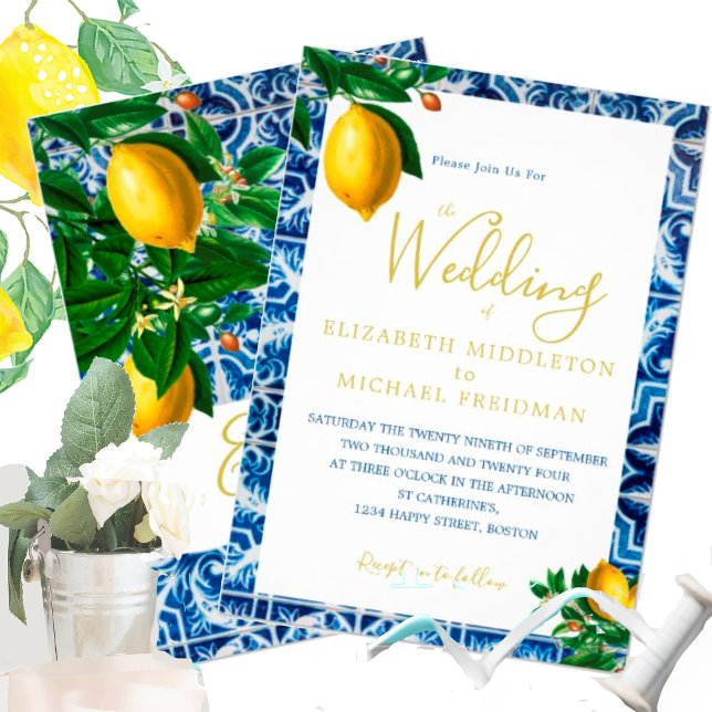 Wedding Lemons Blue White Tiles Tuscan  Elegant Invitation (Creator Uploaded)