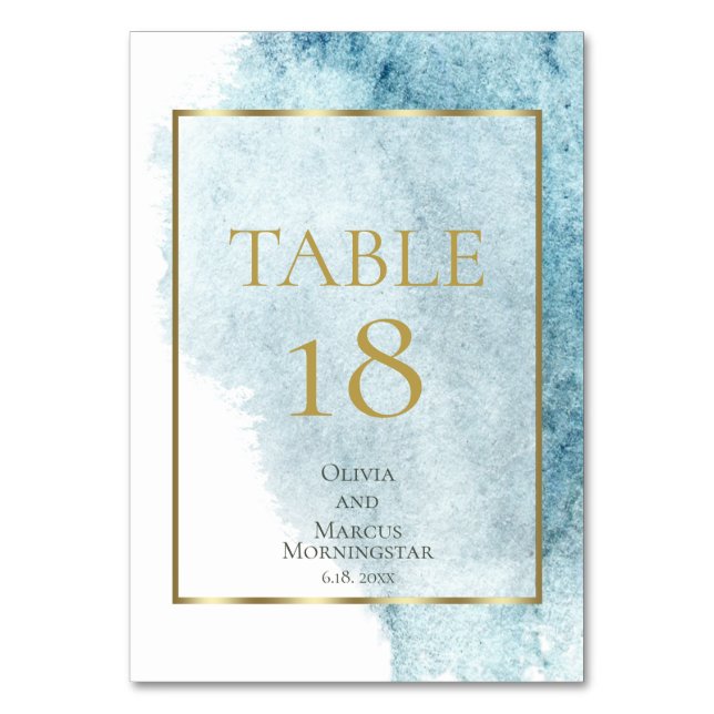 WEDDING |  Light  Denim Blue Watercolor Splash Table Number (Front)