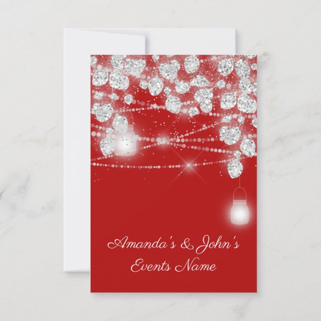 Wedding Lights Jars Glitter Grey Silver Red Invitation (Back)