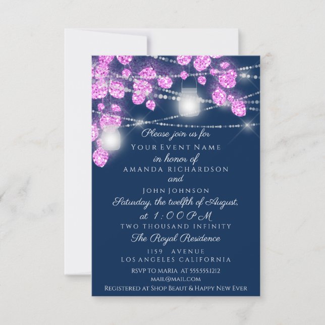 Wedding Lights Jars Glitter Pink Blue Navy Invitation (Front)