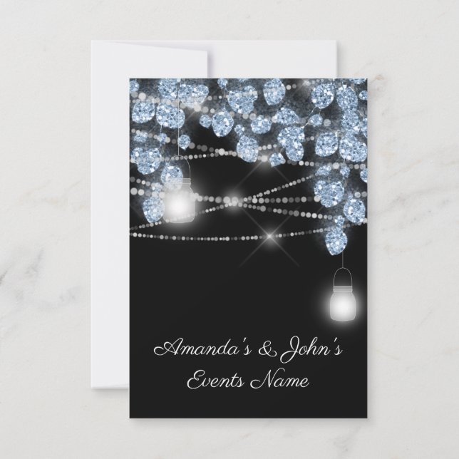 Wedding Lights Jars Rustic Glitter  Blue Black Invitation (Back)