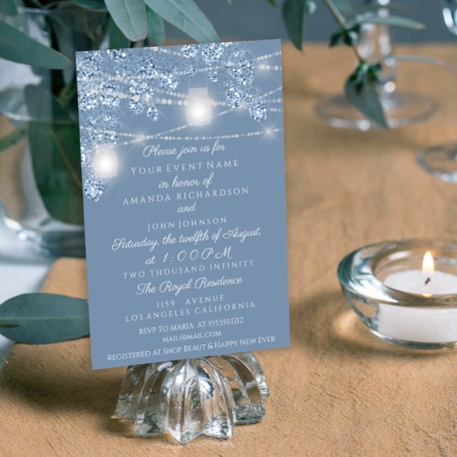 Wedding Lights Jars Rustic Glitter Dusty Blue Invitation (Creator Uploaded)