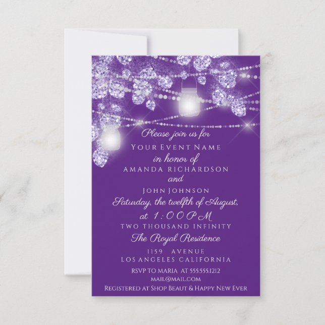 Wedding Lights Jars Rustic Glitter Purple Violet Invitation (Front)