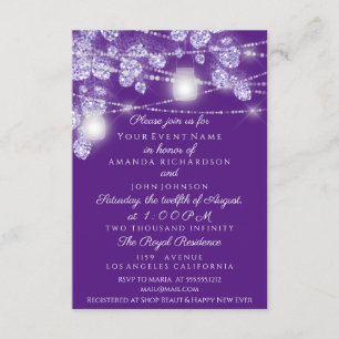 Wedding Lights Jars Rustic Glitter Purple Violet Invitation