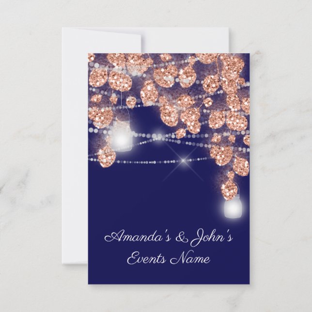 Wedding Lights Jars Rustic Rose Gold Blush Navy Invitation (Back)