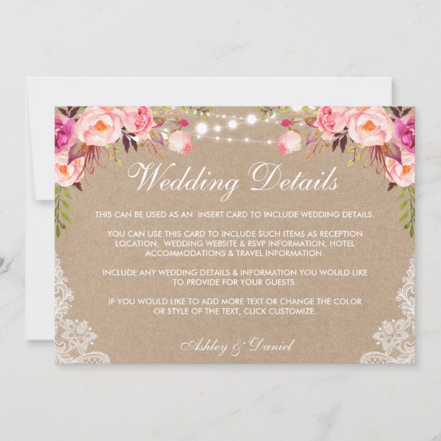 Wedding Lights Lace Pink Details Kraft Insert Card (Front)