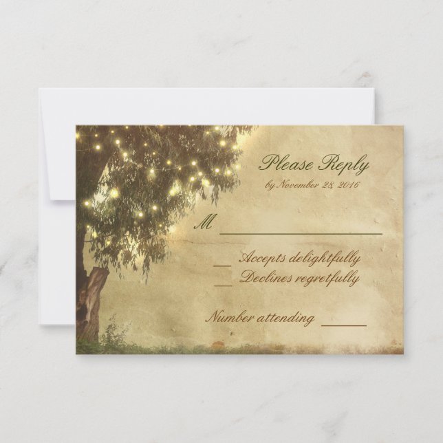 Wedding lights old tree rustic RSVP cards (Front)