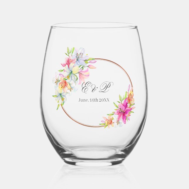 Wedding.Lilies and Birds Watercolor Stemless Wine Glass (Front)