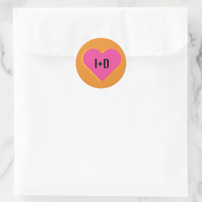 Wedding Logo Heart Pink and Orange with Initials Classic Round Sticker (Bag)