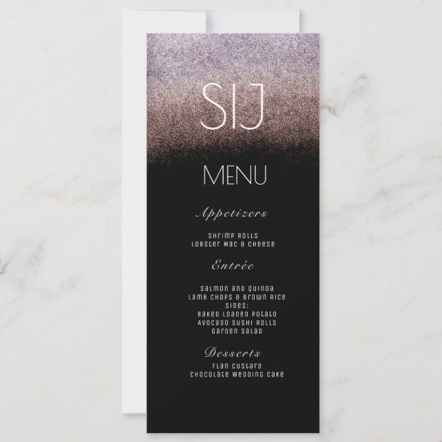 Wedding Logo Ombre Glitter Violet BW Dinner Menu (Front)