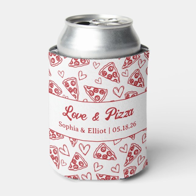 Wedding Love and Pizza Hand Drawn Red Fun Trendy  Can Cooler (Can Front)