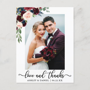 Wedding Love and Thanks Burgundy Blue Floral Postcard