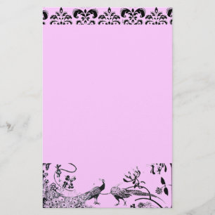 WEDDING LOVE BIRDS black and pink damask Stationery