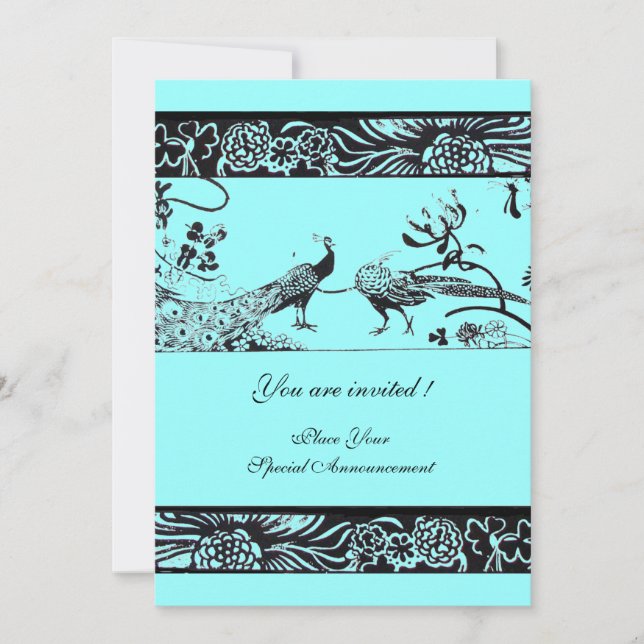 WEDDING LOVE BIRDS ,black and white blue Invitation (Front)