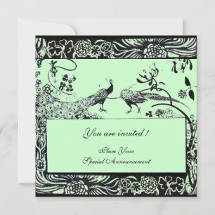 WEDDING LOVE BIRDS ,black and white ,green Invitation