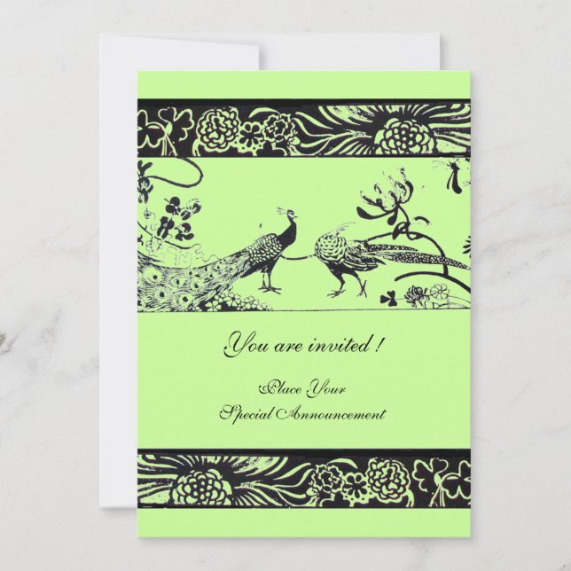 WEDDING LOVE BIRDS ,black and white green Invitation (Front)