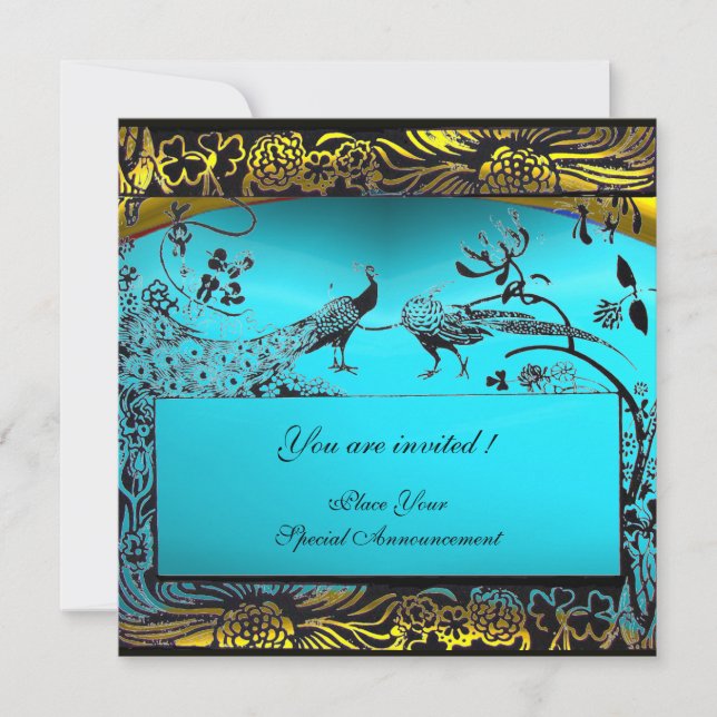 WEDDING LOVE BIRDS ,black and white ,yellow blue Invitation (Front)