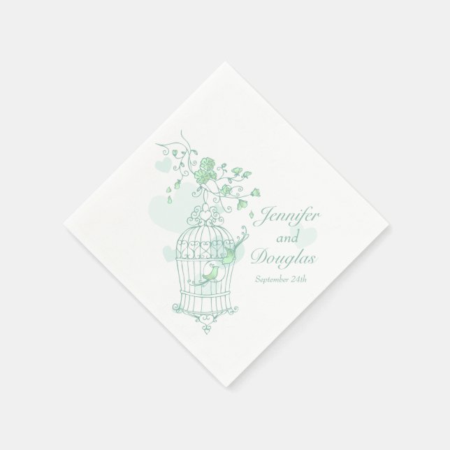 Wedding love birds green paper napkins (Corner)