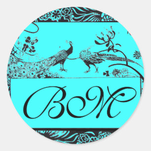 WEDDING LOVE BIRDS MONOGRAM ,black and white blue Classic Round Sticker
