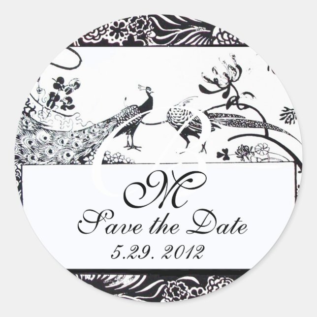 WEDDING LOVE BIRDS MONOGRAM ,black and white Classic Round Sticker (Front)