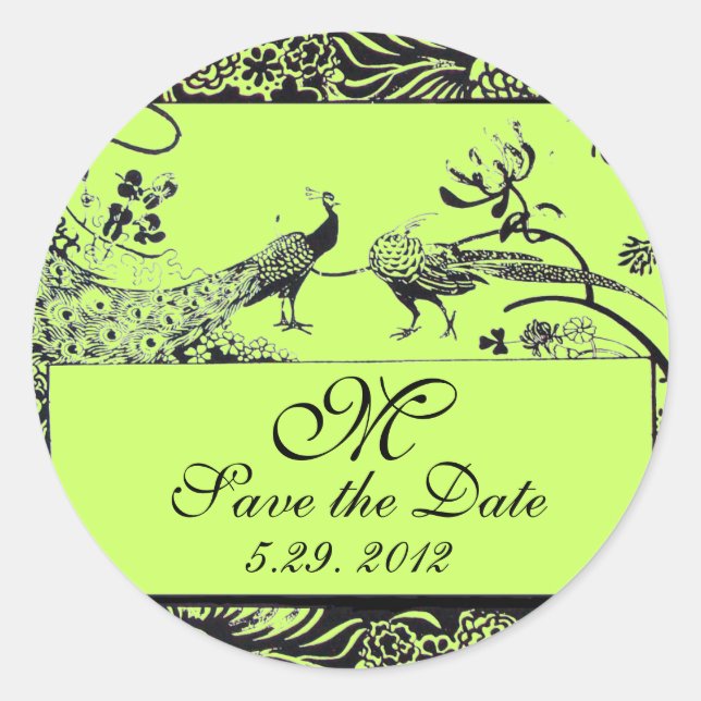 WEDDING LOVE BIRDS MONOGRAM black and white green Classic Round Sticker (Front)