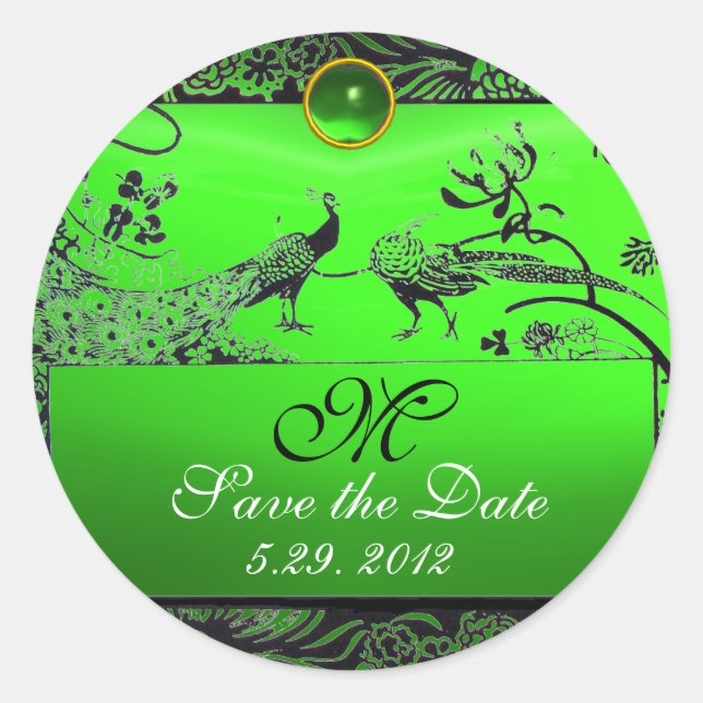 WEDDING LOVE BIRDS MONOGRAM black and white green Classic Round Sticker (Front)