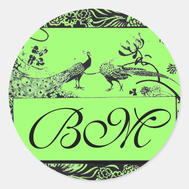 WEDDING LOVE BIRDS MONOGRAM ,black and white green Classic Round Sticker (Front)