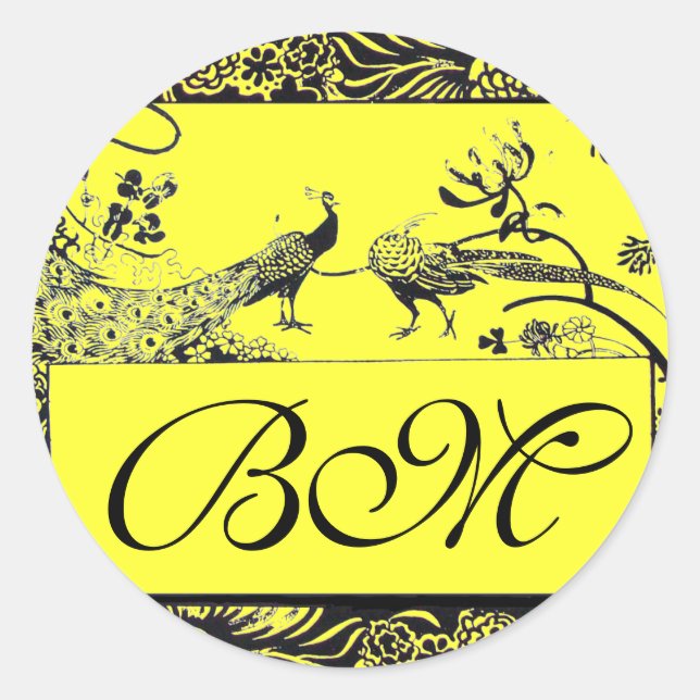 WEDDING LOVE BIRDS MONOGRAM black and white yellow Classic Round Sticker (Front)