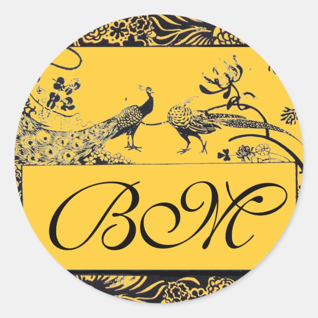 WEDDING LOVE BIRDS MONOGRAM black and white yellow Classic Round Sticker (Front)
