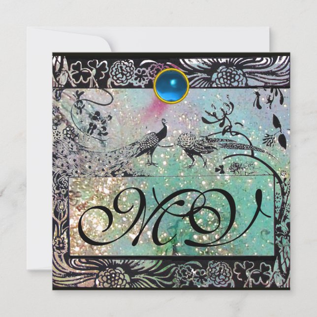 WEDDING LOVE BIRDS MONOGRAM Black Blue Peacocks Announcement (Front)