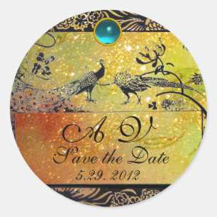 WEDDING LOVE BIRDS MONOGRAM black white red yellow Classic Round Sticker