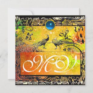 WEDDING LOVE BIRDS MONOGRAM black yellow blue Announcement