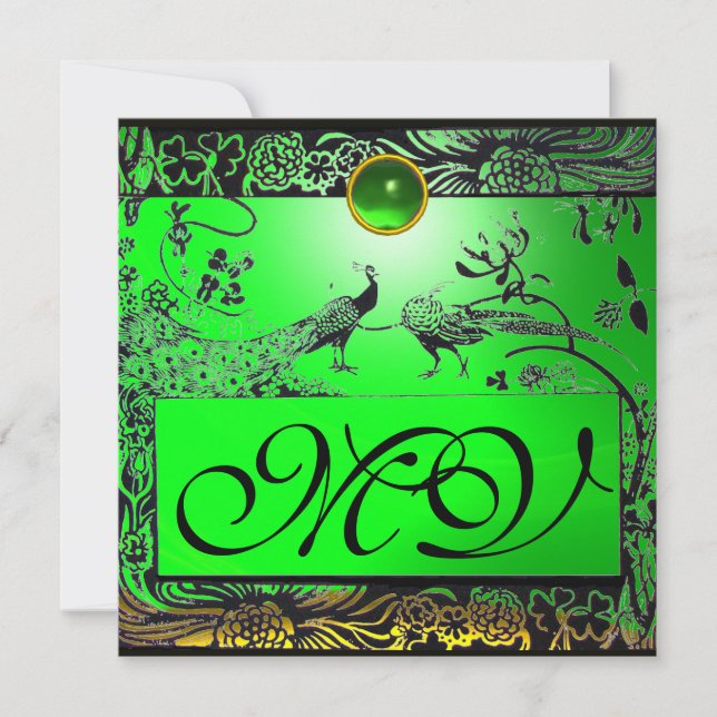 WEDDING LOVE BIRDS MONOGRAM black yellow emerald Announcement (Front)