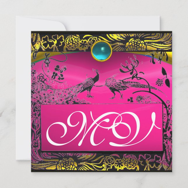 WEDDING LOVE BIRDS MONOGRAM black yellow pink blue Announcement (Front)
