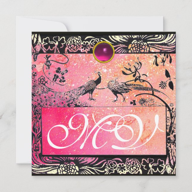 WEDDING LOVE BIRDS MONOGRAM black yellow pink ruby Announcement (Front)