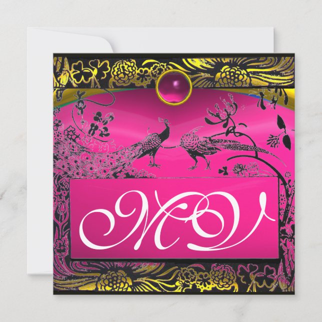 WEDDING LOVE BIRDS MONOGRAM black yellow pink ruby Announcement (Front)