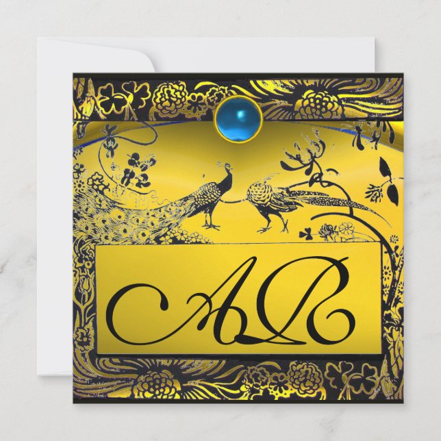 WEDDING LOVE BIRDS MONOGRAM black yellow topaz Announcement (Front)