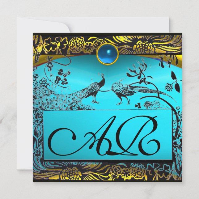 WEDDING LOVE BIRDS MONOGRAM black yellow turquoise Announcement (Front)