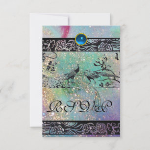 WEDDING LOVE BIRDS MONOGRAM RSVP black green gold Card