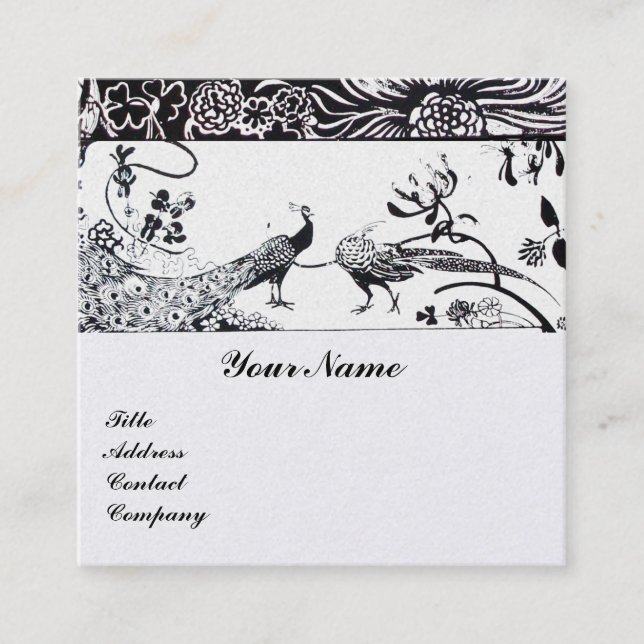 WEDDING LOVE BIRDS /PEACOCKS MONOGRAM White Pearl Square Business Card (Front)