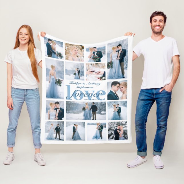 Wedding LOVE FOREVER 15 Photo Collage Custom Colou Fleece Blanket (In Situ)